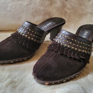 Women's VanEli Brown Suede Studs Platform Heels Mules 8.5